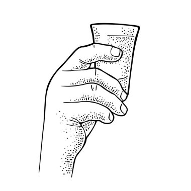 Erkek, cam tekila tutuyor. Etiket, poster, parti davetiyesi için klasik monokrom vektör oymacılığı. Beyaz arkaplanda izole