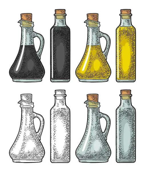 装有软木塞的酱油或油玻璃瓶 矢量彩色老式雕刻插图 因白人背景而被隔离 — 图库矢量图片