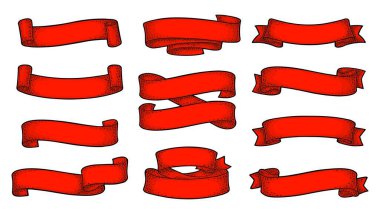 Beyaz arka planda yalıtılmış şeritler kümesi. Menü, poster, web ve etiket için vektör kırmızı ve siyah vintage gravür illüstrasyon. Grafik stilinde çizilmiş el.