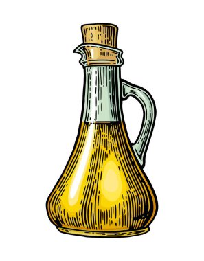 Şişe ve sürahi sıvı Mantar tıpa ile bardak. Zeytin yağı. Elle çizilmiş tasarım öğesi. Vintage renk vektör çizim logo, afiş, web için oyma. Beyaz arka plan üzerinde izole.
