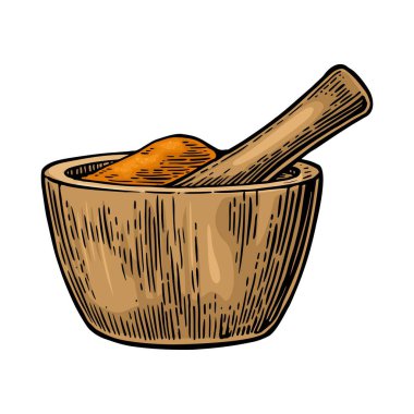 Tahta tokmak ve parçalanmış havan topu. Etiket ve poster için klasik renk vektörü çizimi. Beyaz arka planda izole edilmiş. El çizimi tasarım ögesi