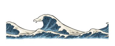 Deniz dalgaları. Vintage vektör oyma renk çizimi. Beyaz arka planda izole edilmiş. El çizimi kuluçka