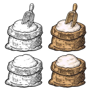 Tahta kepçeyle un dolu bir çuval. El çizimi taslak tarzı. Etiket, web, flayer pastanesi için klasik renk vektör kabartma çizimi. Beyaz arkaplanda izole.