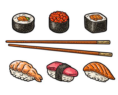 Farklı türde suşiyi balık, havyar ve karidesle birlikte hazırla. Ahi, amaebi, unagi, nigiri, ikura, tamago. Beyaz arka planda izole edilmiş. Vintage renk vektörü oymacılığı