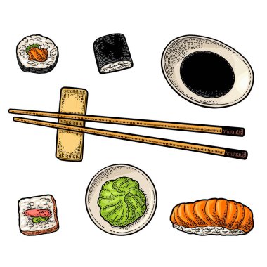 Suşi hazırla. Çubuk, wasabi, soya sosu, nigiri, maki ve masago. Üst Manzara. Beyaz arka planda izole edilmiş. Poster ve menü için klasik siyah vektör gravür çizimi