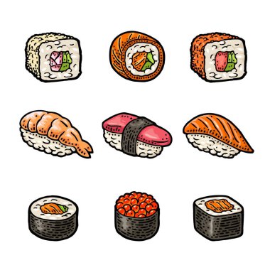 Farklı türde suşiyi balık, havyar ve karidesle birlikte hazırla. Ahi, amaebi, unagi, nigiri, ikura, tamago, California, Philadelphia, masago. Beyazda izole edilmiş. Vintage renk vektörü oymacılığı