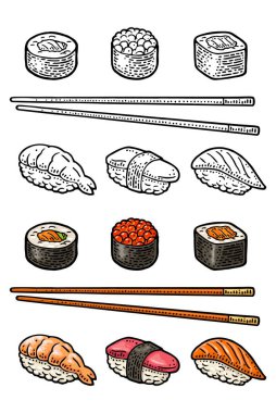 Set different types sushi with fish, caviar and shrimp. Ahi, amaebi, unagi, nigiri, ikura, tamago. Isolated on white background. Vintage color and monochrome vector engraving clipart