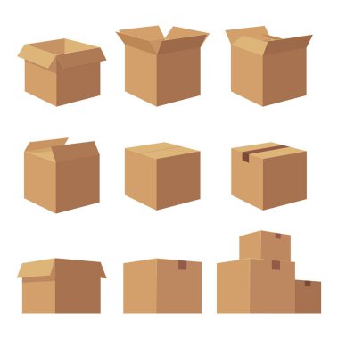 Açık ve kapalı geri dönüşüm kahverengi karton teslimat kutusu. Koleksiyon vektör illüstrasyonu web, simge, pankart, bilgi grafiği için beyaz arkaplan üzerinde gölgesi olan izole edilmiş kutu.