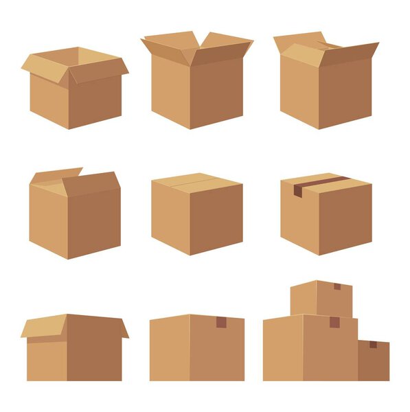 Открытая и закрытая коробка для доставки коричневого картона. Векторная иллюстрация коллекции изолированная коробка с тенью на белом фоне для паутины, иконки, баннера, инфографики.