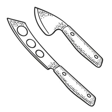 Yumuşak ve sert peynir için profesyonel mutfak bıçağı. Menü, poster ve etiket için vektör vintage gravür çizimi. Beyaz arkaplanda izole