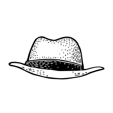 Kurdele ile hat Man. Vektör siyah vintage oyma çizim. Beyaz bir arka plan üzerinde izole. Elle çizilmiş tasarım öğesi poster için