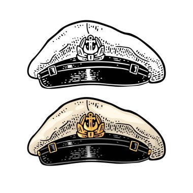 Kaptan şapkası. Klasik renkli gravür çizimi. Beyaz arka planda izole edilmiş. Poster için el çizimi tasarım ögesi