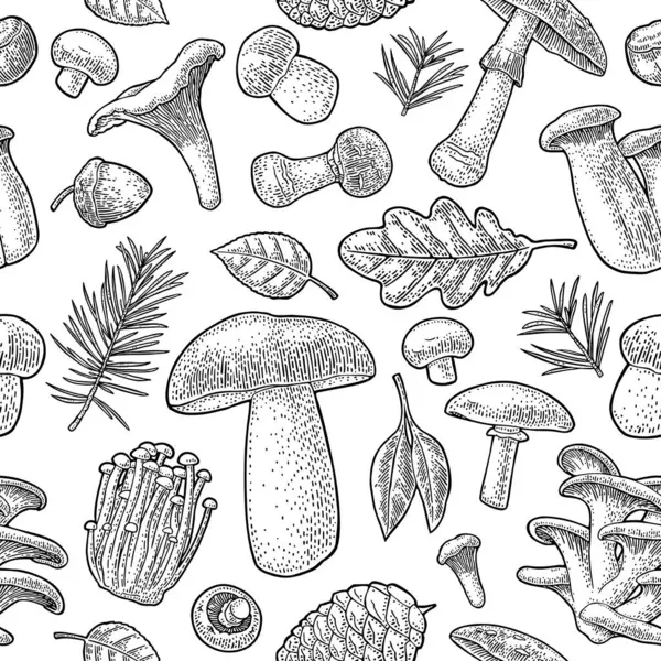 Kusursuz desenli mantar. Siyah oymalı klasik vektör çizimi. Beyazda izole edilmiş