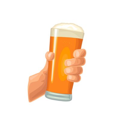 Adam el ele tutuşup bira bardağını tokuşturuyor. Web simgesi, poster ve parti davetiyesi için klasik vektör rengi düz çizimi. Beyaz arkaplanda izole.