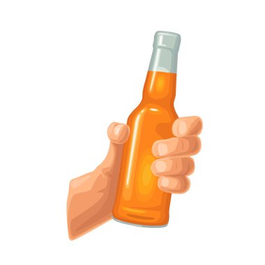 Erkek eli açık bira şişesi tutuyor. Web simgesi, poster ve parti davetiyesi için klasik vektör rengi düz çizimi. Beyaz arkaplanda izole.