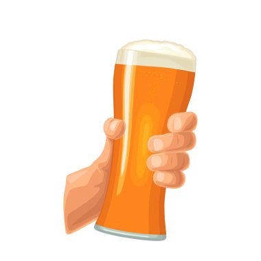 Adam el ele tutuşup bira bardağını tokuşturuyor. Web simgesi, poster ve parti davetiyesi için klasik vektör rengi düz çizimi. Beyaz arkaplanda izole.