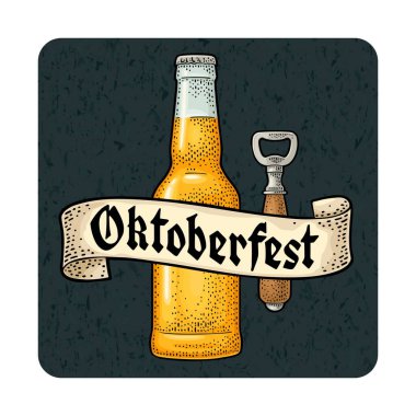 Cam şişe ve kurdeleli açacağı. Vektör oymacılığı, koyu kare üzerinde izole edilmiş renkli vintage illüstrasyon. Oktoberfest gotik harfler. Bardak altlığı için reklam tasarımı
