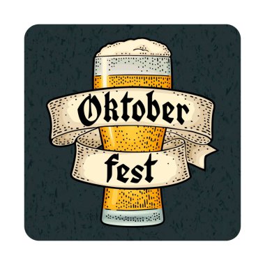 Kurdeleli cam bira. Vektör oymacılığı, koyu kare üzerinde izole edilmiş renkli vintage illüstrasyon. Oktoberfest gotik harfler. Bardak altlığı için reklam tasarımı