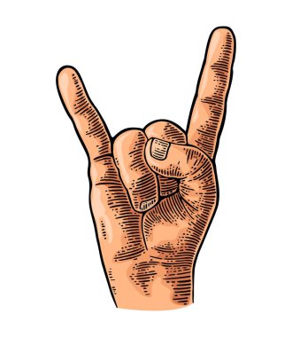 Rock 'n Roll el yazısı. Vector renk vintage oyma illüstrasyonu. Şeytan boynuzlarını sallıyor..