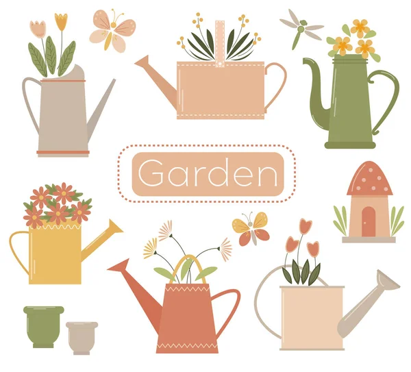 園芸用品や植物のセットベクトルイラスト — ストックベクタ