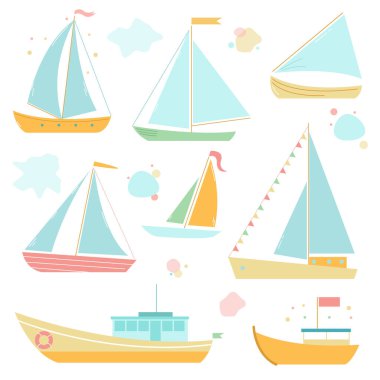 Güzel yelkenli ve beyaz arka planda yumuşak renklerde gemileri olan vektör koleksiyonu