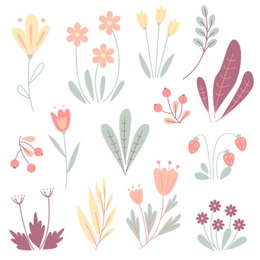 Beyaz zemin üzerinde sevimli bitkiler ve çiçekler olan vektör kümesi