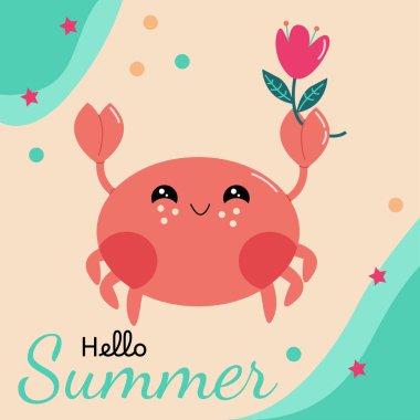 Parlak yaz kartı. Merhaba yaz. Kumsalda elinde çiçekle komik bir yengeç.