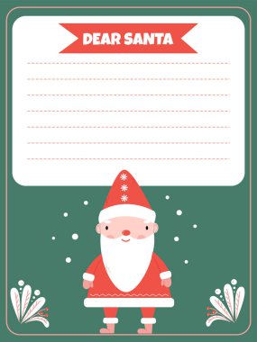 Noel Baba 'ya yeşil arka planda şirin bir Noel Baba ile birlikte mektup şablonu. 