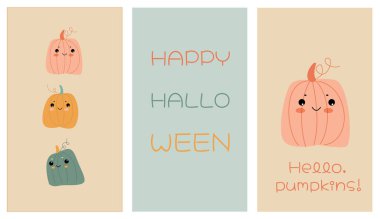 Cadılar bayramı için üzerinde yumuşak renkte balkabakları olan bir kart seti.