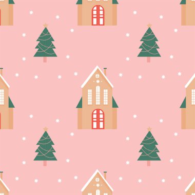 Kışlık evi ve pembe arka planda Noel ağaçları olan harika bir Noel deseni. 