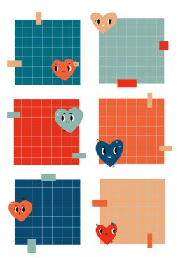 Geçmişe dönük kalpleri olan parlak not kartları.