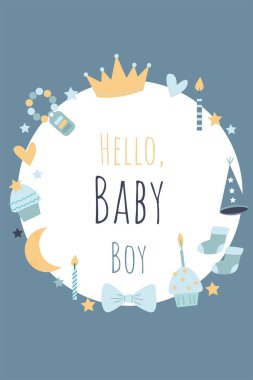 Mavi arka planda oyuncakları olan yeni doğmuş bir çocuğa selamlar.