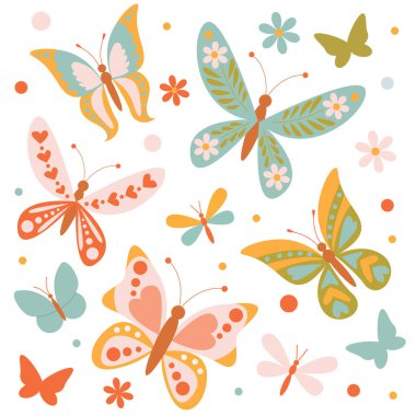 Bahar ve yaz için renkleri ve desenleri olan parlak, güzel kelebekler.