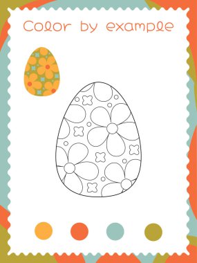 Paskalya tatili için bir yumurta ve çiçek desenli çocuk boyama sayfası.