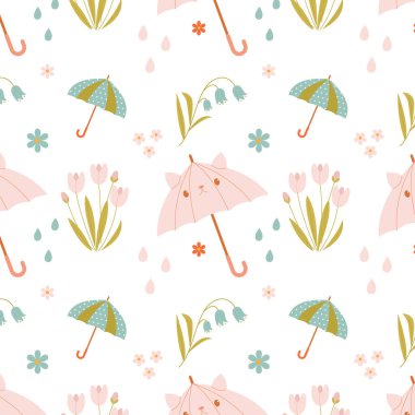 Kedili komik şemsiyeli bahar deseni, narin çiçekler ve yağmur damlaları.