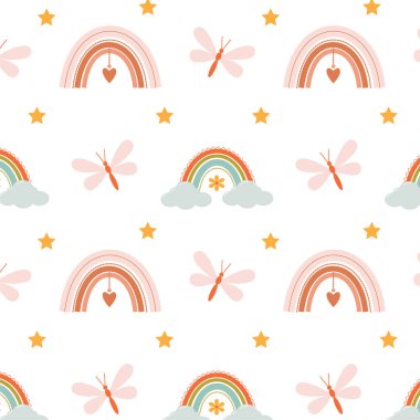 Beyaz arka planda parlak gökkuşakları ve bulutları olan sevimli çocuk deseni.