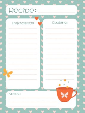 Tarifleri yazmak için kalplerle sevimli romantik bir şablon.