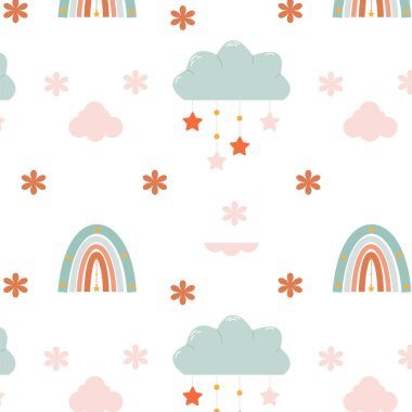Yıldızlı küçük bulutların arkasında gökkuşağı olan sevimli çocuk deseni.