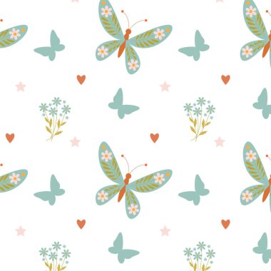 Parlak kelebekli desenler ve bahar çiçekleri 