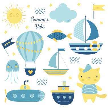 Çocuklar için deniz unsurlarıyla dolu bir yaz.