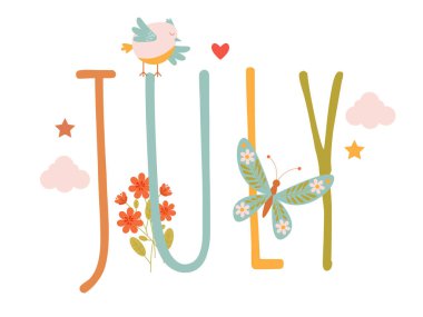 Yazıt Temmuz tatlı bir kuş, bulutlar ve çiçeklerle