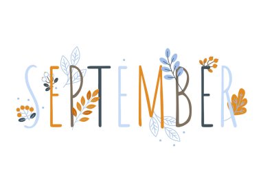 Beyaz arka planda mevsimlik yapraklar ve dekorlarla Eylül yazıtları