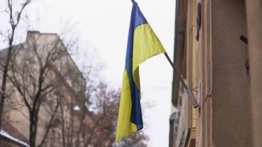 Lviv, Ukrayna. Şehir binasında Ukrayna bayrağı