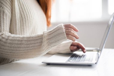 Female hands using laptop keyboard closeup. Home office concept