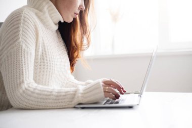 Female hands using laptop keyboard closeup. Home office concept