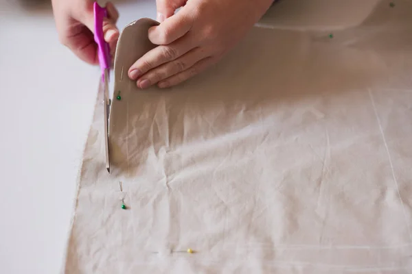 Dressmaker Cuts Dress Detail Sketch Lines Workplace Seamstress — Stock Photo, Image
