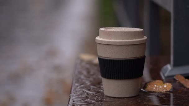 Пийте Теплі Напої Холодну Погоду Осіннє Листя Чашка Кави Під — стокове відео