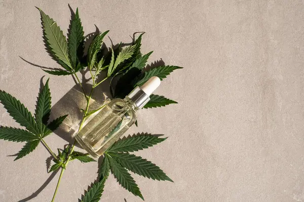 Cbd Hanfprodukte Glasflasche Mit Cbd Hanfblätter Medizinisches Cannabis Mit Extrakt lizenzfreie Stockbilder