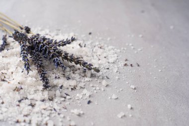 Pişirmek için lavanta tuzu. Lavander tuzu ve kurutulmuş lavanta çiçeği. Lavanta spa seti
