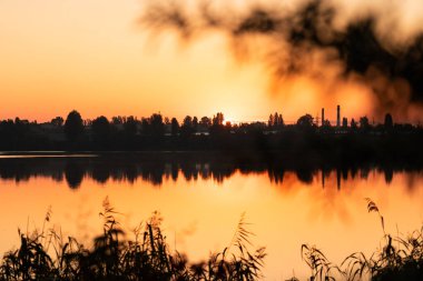 Ukrayna, Kyiv 'de huzurlu bir gün doğumu. Alacakaranlıkta suya yansıyan ağaç siluetleri ve uzak yapılarla sakin bir göl.